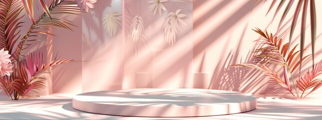 : abstract background with podium stage in a pastel vintage pink color,indoor scene.with tropical plants. Mock up scene for a product placement advertisement - 781325313