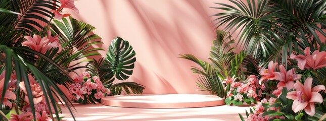 : abstract background with podium stage in a pastel vintage pink color,indoor scene.with tropical plants. Mock up scene for a product placement advertisement - 781325324