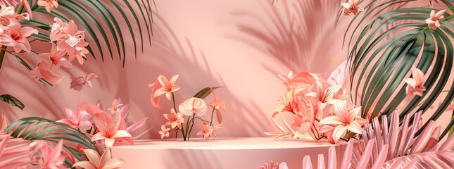 : abstract background with podium stage in a pastel vintage pink color,indoor scene.with tropical plants. Mock up scene for a product placement advertisement - 781325326