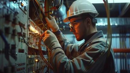 Welder working in factory wearing safety helmet Professional electrician man works in a switchboard with an electrical connecting cable, Electrician repairing 