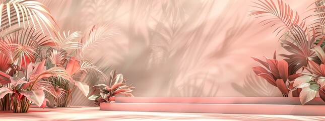 : abstract background with podium stage in a pastel vintage pink color,indoor scene.with tropical plants. Mock up scene for a product placement advertisement - 781325334