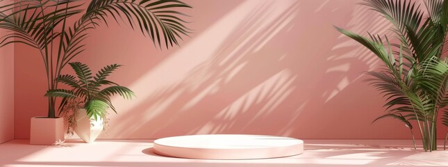 : abstract background with podium stage in a pastel vintage pink color,indoor scene.with tropical plants. Mock up scene for a product placement advertisement - 781325353