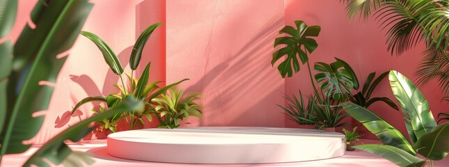 : abstract background with podium stage in a pastel vintage pink color,indoor scene.with tropical plants. Mock up scene for a product placement advertisement - 781325354