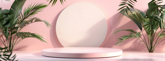 : abstract background with podium stage in a pastel vintage pink color,indoor scene.with tropical plants. Mock up scene for a product placement advertisement - 781325359
