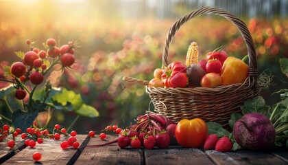 Thansgiving agriculture harvest banner apsicum, tomato, beetroot, strawberry, raspberry ,red corn on the in a basket put on dark brown wooden floor, with defocused landscape field in the background 