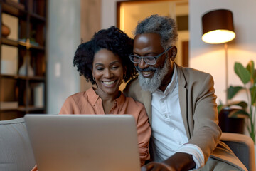 Smiling Couple Collaborating on Laptop Indoors. Middle-aged African American couple using a laptop together at home.