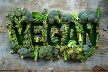 flat lay  picture of broccoli vegetables and the text vegan wirtten on, the concept of cruelty and healthy free diet - 781325528