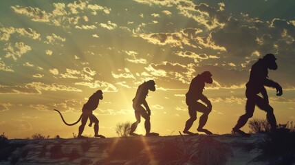 Human evolution. A study of the sequence of biological evolution of Homo sapiens. monkey, ape, ancient humans, modern humansShadows reflecting light when the sun sets.  Silhouette concept - obrazy, fototapety, plakaty