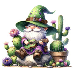 Desert Cactus Gnome with Succulents Illustration.