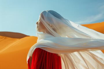 a woman portrait with face covered  under a big white silk cloth carried by the wind, floats dancing in a empty desert, vibrant colors palette color background	
