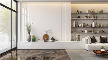 Interior of luxury home, art deco modern trendy living room with copy space on white wall, mock up,