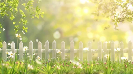 Tuinposter Fenced Grassland under Blue Sky .White fence and green grass garden on spring landscape © siriporn
