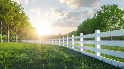 Obraz premium Fenced Grassland under Blue Sky .White fence and green grass garden on spring landscape