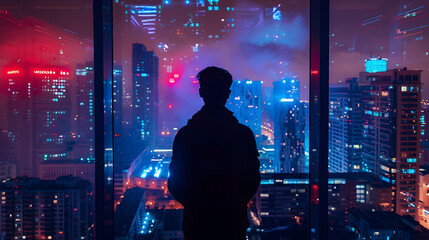 A lone figure is silhouetted against the illuminated backdrop of a bustling cityscape, offering a moment of urban solitude. - obrazy, fototapety, plakaty