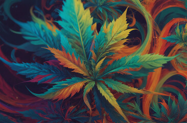 A unique and creative take on the cannabis plant, with swirling patterns and bold colors, rendered in a stylized and abstract manner.