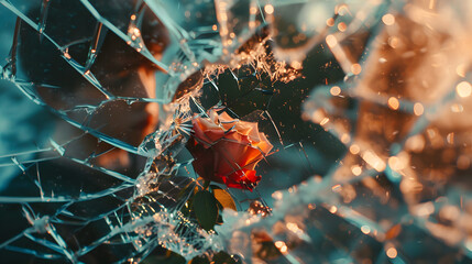 A striking image of a rose bleeding color on the jagged edges of broken glass, echoing the pain of teenage heartache. - obrazy, fototapety, plakaty