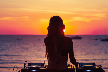 Silhouette Female DJ at Sunset Beach. Silhouette of female DJ mixing music at sunset on beach.