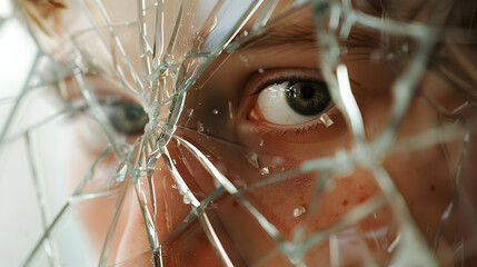 Fototapeta na wymiar Intense eyes of a teenager peer through the web of cracked glass, signifying the clarity that comes post-breakup.