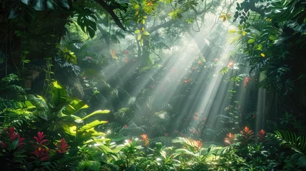 Papier Peint photo Kaki Sunlit Rainforest Canopy Bathed in Dappled Light and Vibrant Foliage Evoking a Sense of Enchantment and Wonder for the Weary Traveler