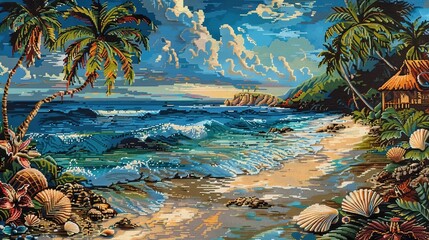 Tranquil Oceanic Oasis with Swaying Palms Azure Waves and Colorful Seashells Adorning the Serene Shoreline