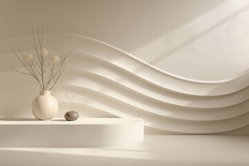 Modern Minimalist Interior Design with Wavy Wall Decor and Vase. Elegant Beige Room with Contemporary Artistic Wall and Table Decor
