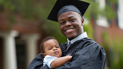 Beaming graduate holding a baby, both sharing a joyous moment