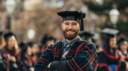 happy inspired Scotsman bearded graduate in tartan sash and black cap, feeling proud - obrazy, fototapety, plakaty