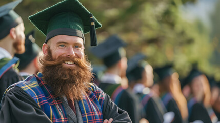 happy inspired Scotsman graduate with a beard in traditional attire - obrazy, fototapety, plakaty
