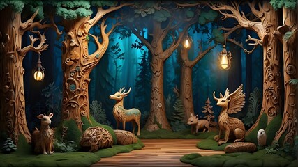 Enchanted Forest, Folklore, Whimsical, Tall Pines, and Mythical Creatures carved in wood.ideal for backdrops and poster prints - obrazy, fototapety, plakaty
