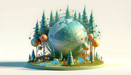 Cybernetic Forest Glade: 3D Icon of Networked Ecosystems in Abstract Digital Landscape with Isolated White Background