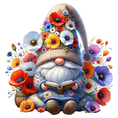 Floral Gnome with Poppy flowers Illustration