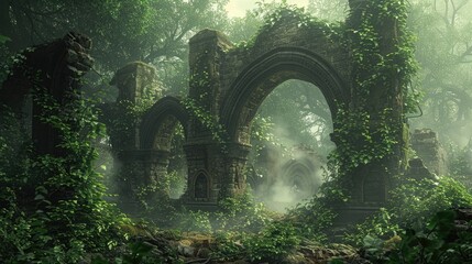 Enchanted Embrace of Ancient Ruins Amidst Lush Vegetation and Ethereal Mists