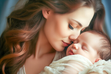 Mother Tenderly Holding Sleeping Newborn Baby