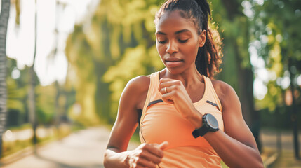 Focused Woman Checking Smartwatch During Outdoor Run