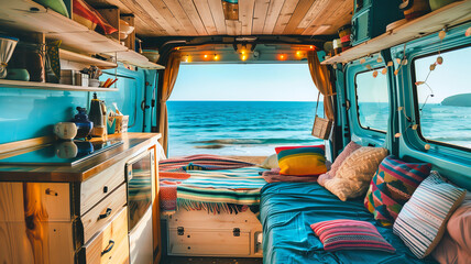 A van parked on the beach with a bed inside in a peaceful and relaxing scene