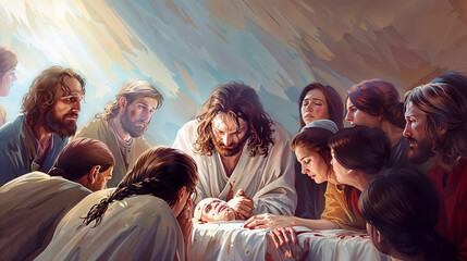 A painting of Jesus Christ healing a sick woman with a group of people around Him - obrazy, fototapety, plakaty
