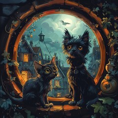 illustration of a cat and dog gazing out a round window, with a magical moonlit village scene unfolding in the background. - 781327959