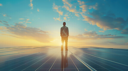 Silhouette of man at sunset with expansive solar farm - obrazy, fototapety, plakaty