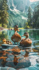 At a picturesque lake, a family of ducks decides to try paddleboarding but ends up flipping over. Fairy tale animal vertical illustration. 