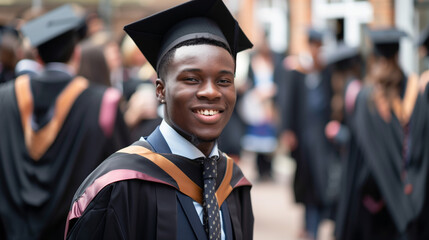 Smiling graduate in cap and gown, full of optimism - obrazy, fototapety, plakaty
