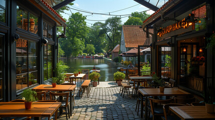 "Riverside Dining at Paupys Market"
"A serene riverside dining setting at Paupys Market, Vilnius, with open-air seating and a view of lush greenery and calm waters."