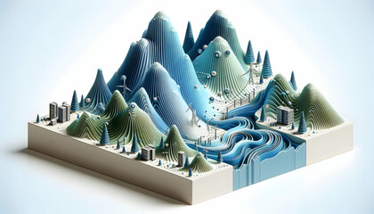 3D Synthetic Mountain Mesh: Structured Data in Digital Abstract Landscape with Isolated White Backdrop