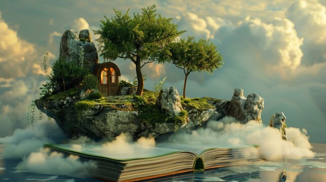 The book is open to a page with a tree and a house on it. A book floats in the air, surrounded by clouds. Three-dimensional hyper surrealism education concept