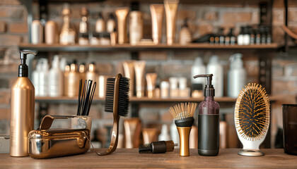 Different hairdressing tools on table in beauty salon - obrazy, fototapety, plakaty