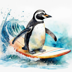 penguin on a surfboard, summer vacation by the water, ocean, sea. illustration. artificial intelligence generator, AI, neural network image. background for the design.