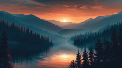 Serene Twilight Landscape with Silhouetted Mountains and Warm Glow