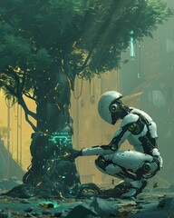A robot kneeling before a tree of life, embodying the balance between technology and nature - 781328759