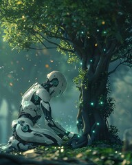 A robot kneeling before a towering tree of life, embodying the balance between technology and nature - 781328771