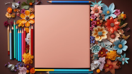 a clean empty sheet of paper surrounded by paints, pencils, stationery, layout, canvas, blank, table, drawing, picture, notepad, colored, bright, notebook, sketchbook