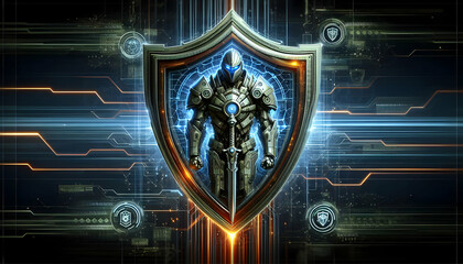 Photo-realistic Cyber Guardian Crest: Symbolizing vigilant protection against cyber threats in the realm of cybersecurity.